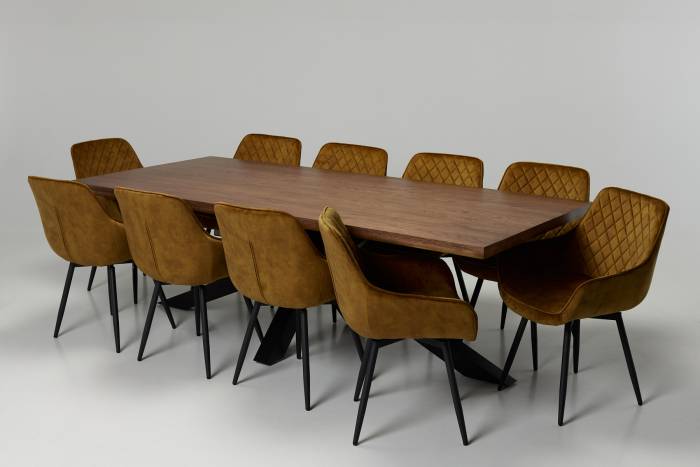 Oakford & Venice 10 Seater Dining Set - 2.4m Solid Oak Dining Table with 10 Burnt Orange Velvet 360° Swivel Dining Chairs