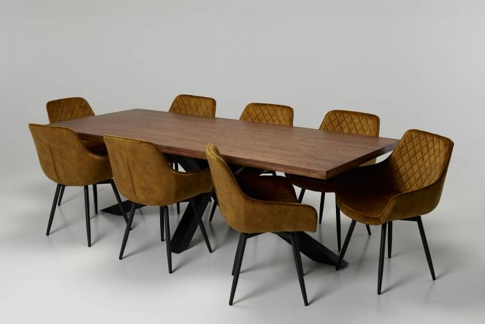 Oakford & Venice 8 Seater Dining Set - 2.4m Solid Oak Dining Table with 8 Burnt Orange Velvet 360° Swivel Dining Chairs