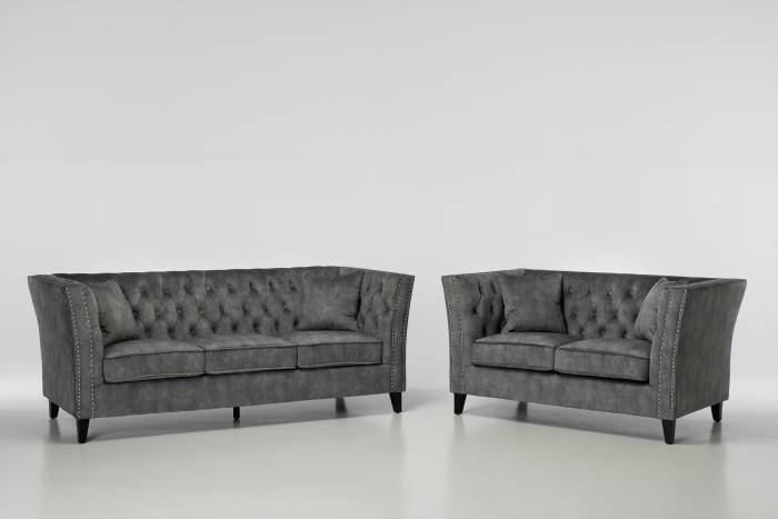 Chloe - Modern Chesterfield Sofa Set, Grey Mottled Velvet