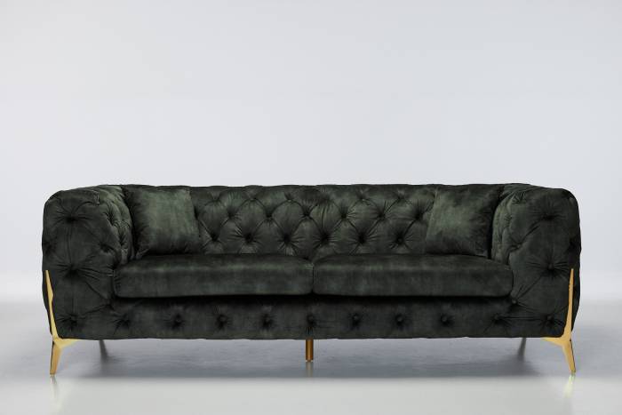 Annabelle - 4 Seater Luxury Chesterfield Sofa, Antique Green Mottled Velvet with Gold Legs