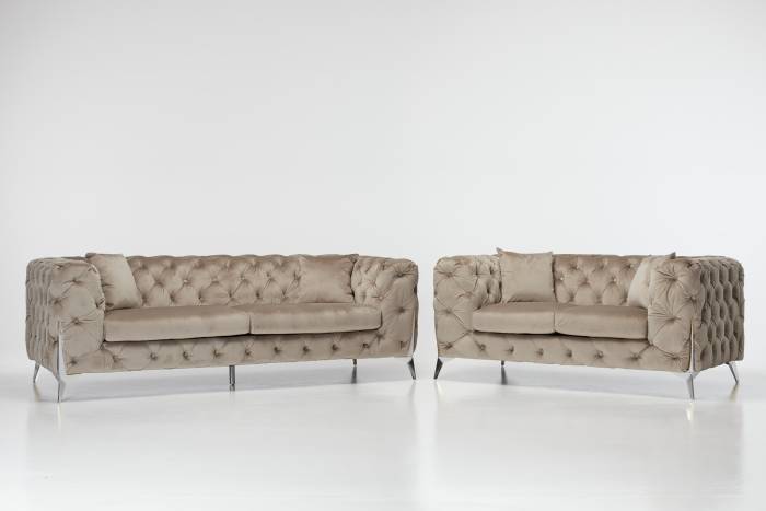 Annabelle - Luxury Chesterfield Sofa Set, Mink Velvet with Silver Legs