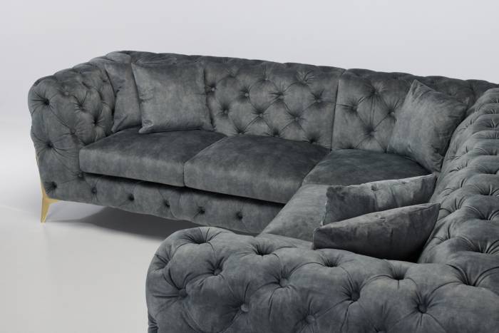 Annabelle - Luxury Chesterfield Corner Sofa, Grey Mottled Velvet with Gold Legs