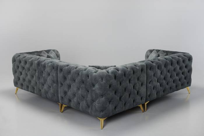 Annabelle - Luxury Chesterfield Corner Sofa, Grey Mottled Velvet with Gold Legs