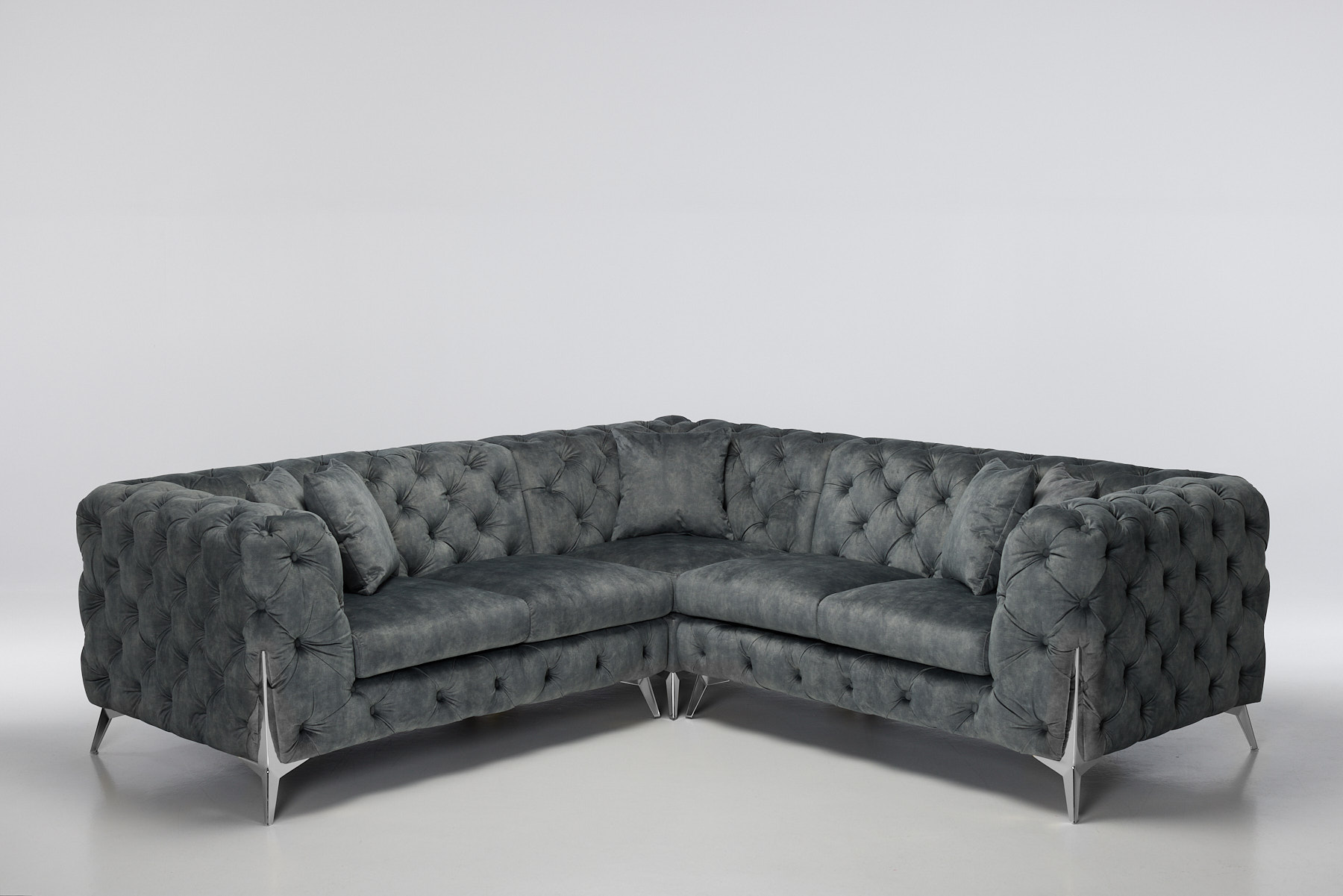 Annabelle - Luxury Chesterfield Corner Sofa, Grey Mottled Velvet with Silver Legs