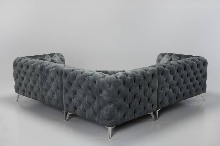 Annabelle - Luxury Chesterfield Corner Sofa, Grey Mottled Velvet with Silver Legs