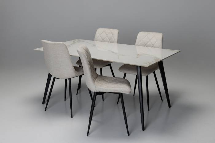 Immi & Bari 4 Seater Dining Set - 1.6m Calacatta Gold Stone Dining Table with 4 Oatmeal Mottled Velvet Dining Chairs