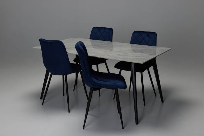 Immi & Bari 4 Seater Dining Set - 1.6m Pacific Grey Stone Dining Table with 4 Blue Mottled Velvet Dining Chairs