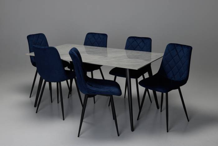 Immi & Bari 6 Seater Dining Set - 1.6m Pacific Grey Stone Dining Table with 6 Blue Mottled Velvet Dining Chairs