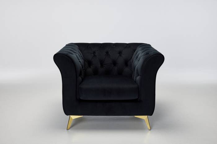 Lauren - Modern Chesterfield Armchair, Black Velvet with Gold Legs