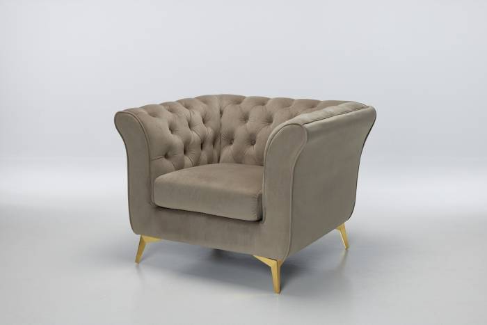 Lauren - Modern Chesterfield Armchair, Mink Velvet with Gold Legs