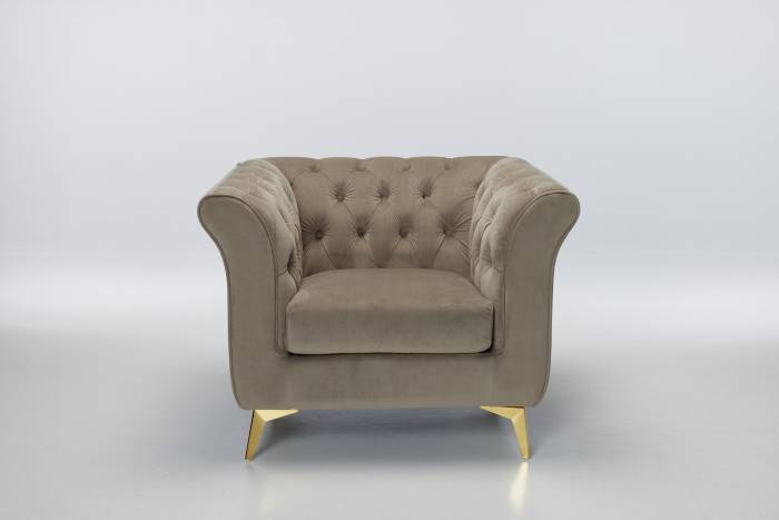 Lauren - Modern Chesterfield Armchair, Mink Velvet with Gold Legs