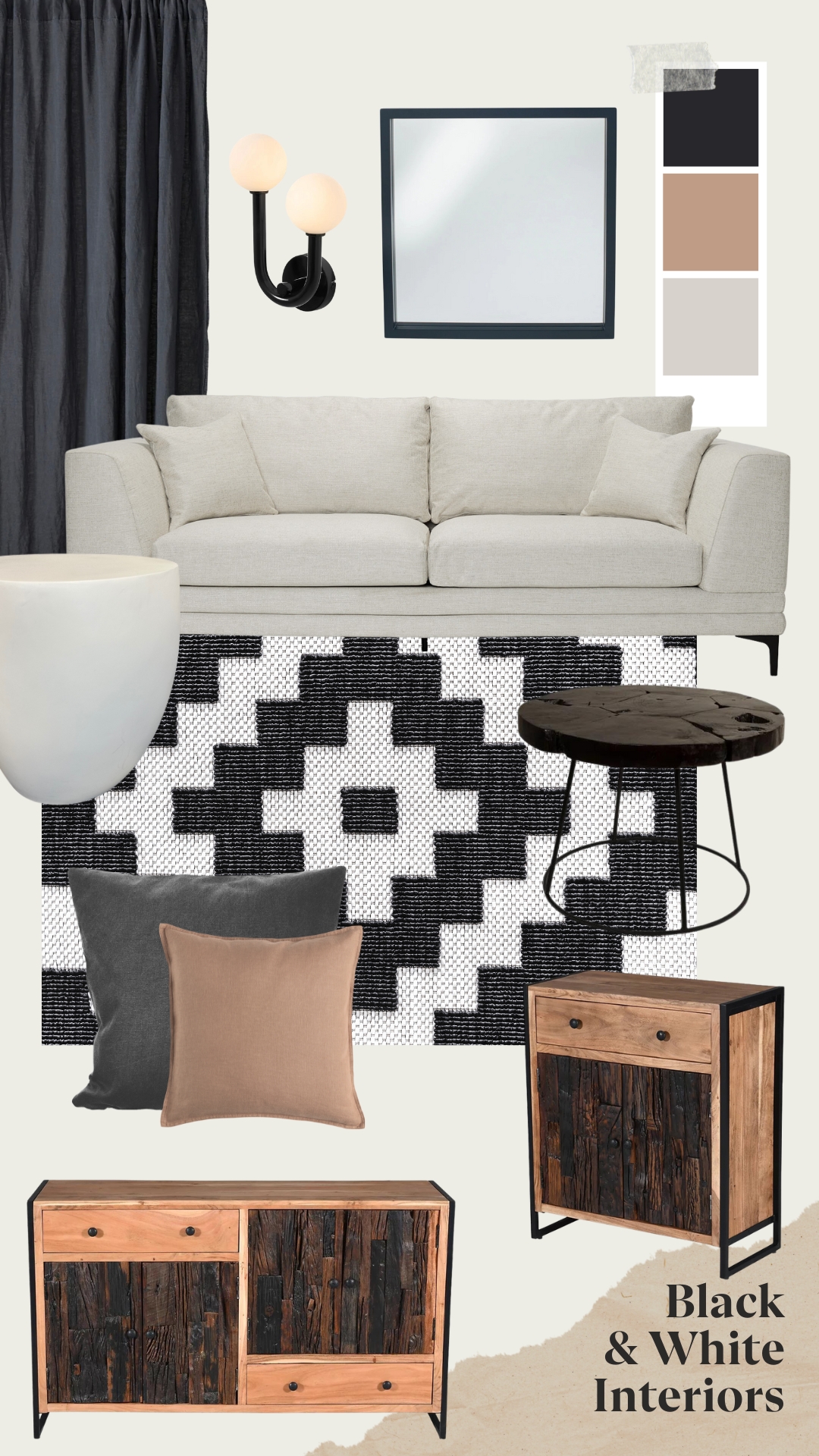 Black & White Living Room Moodboard featuring a Lotti linen sofa