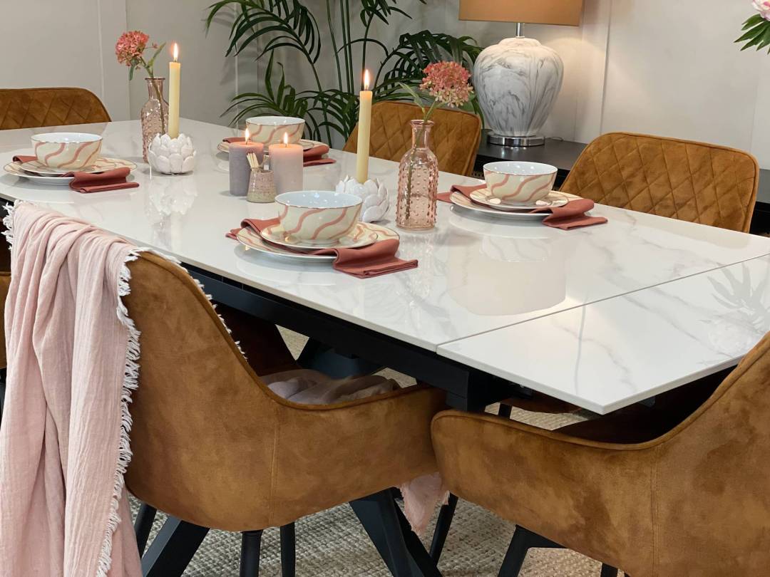 Stone Dining Table & Velvet Dining Chairs