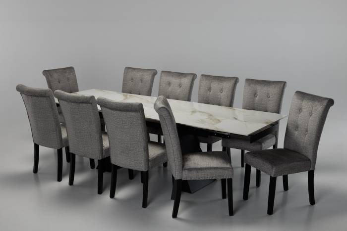 Florence & Cabrini 10 Seater Dining Set - 1.8m/2.6m Calacatta Gold Stone Extendable Dining Table with 10 Grey Linen Dining Chairs