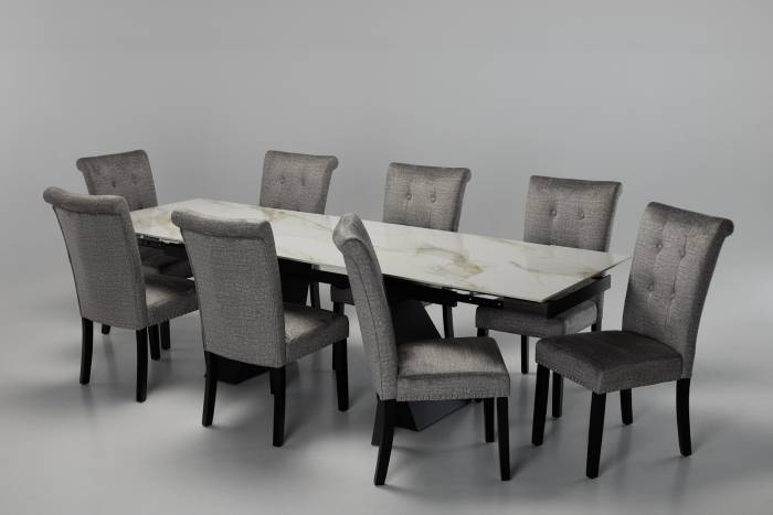 Florence & Cabrini 8 Seater Dining Set - 1.8m/2.6m Calacatta Gold Stone Extendable Dining Table with 8 Grey Linen Dining Chairs