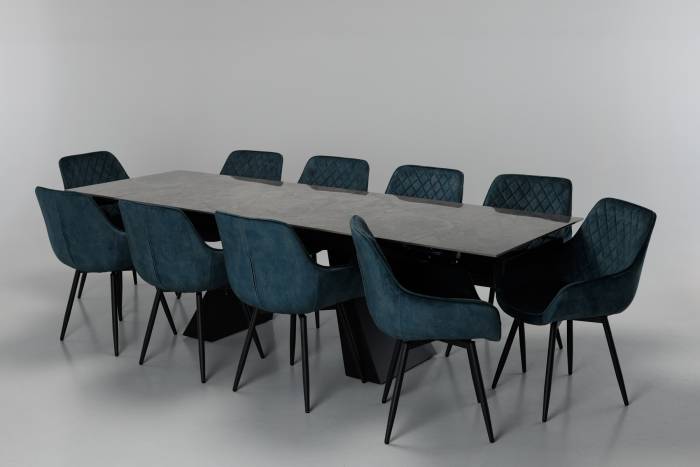 Florence & Venice 10 Seater Dining Set - 1.8m/2.6m Tundra Grey Stone Extendable Dining Table with 10 Dusk Teal Velvet 360° Swivel Dining Chairs