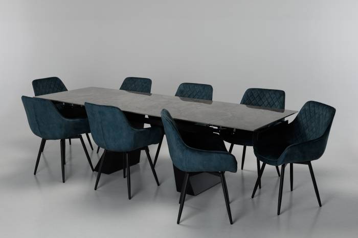 Florence & Venice 8 Seater Dining Set - 1.8m/2.6m Tundra Grey Stone Extendable Dining Table with 8 Dusk Teal Velvet 360° Swivel Dining Chairs