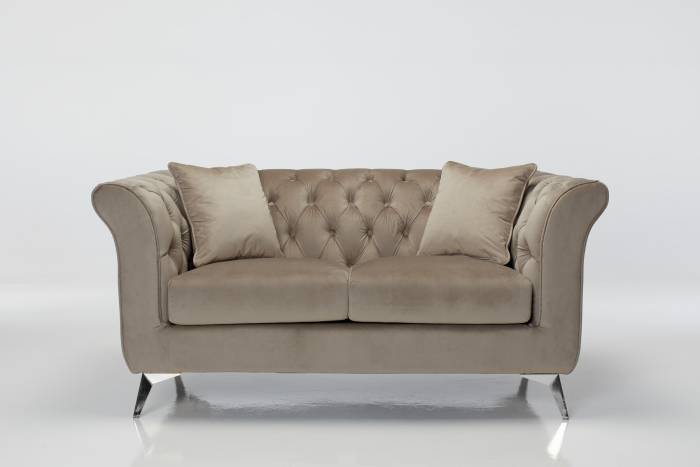 Lauren - Modern Chesterfield 2 Seater Sofa, Mink Velvet with Silver Legs