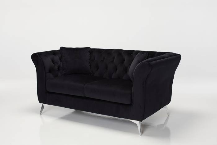 Lauren - Modern Chesterfield 2 Seater Sofa, Black Velvet with Silver Legs