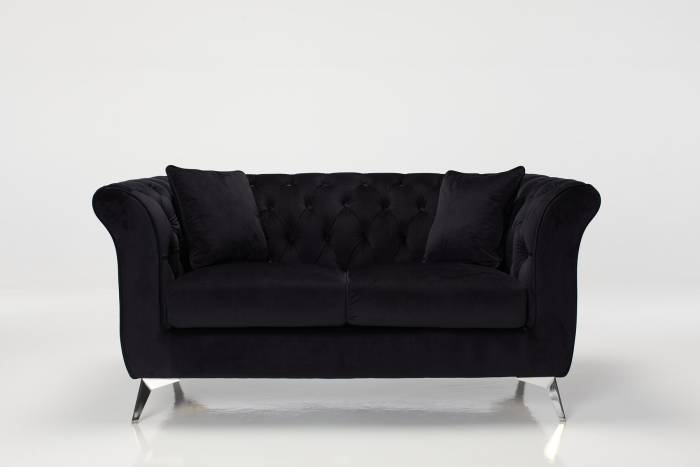 Lauren - Modern Chesterfield 2 Seater Sofa, Black Velvet with Silver Legs