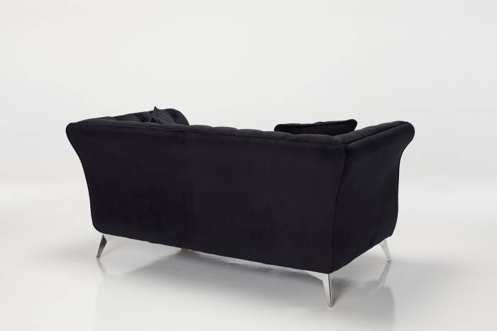 Lauren - Modern Chesterfield 2 Seater Sofa, Black Velvet with Silver Legs