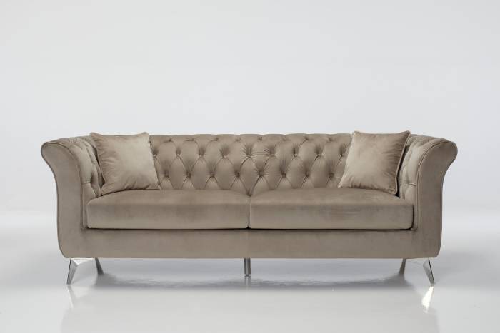 Lauren - Modern Chesterfield 3 Seater Sofa, Mink Velvet with Silver Legs