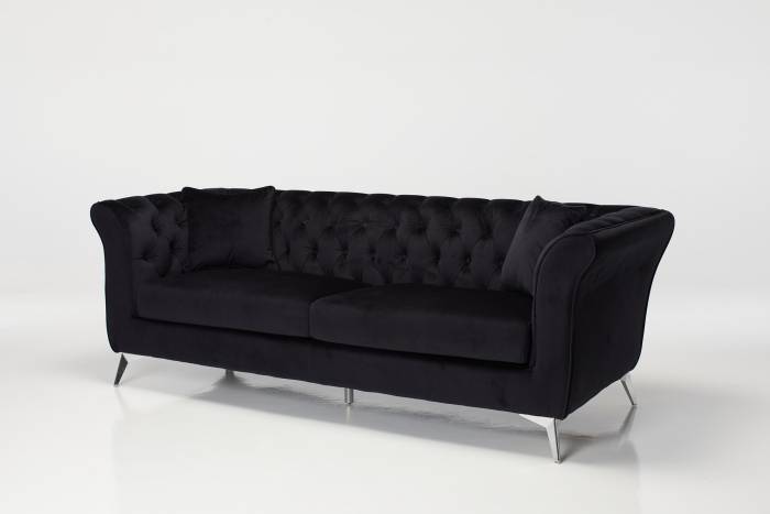 Lauren - Modern Chesterfield 3 Seater Sofa, Black Velvet with Silver Legs