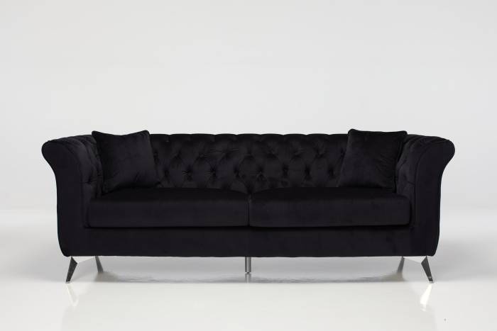 Lauren - Modern Chesterfield 3 Seater Sofa, Black Velvet with Silver Legs