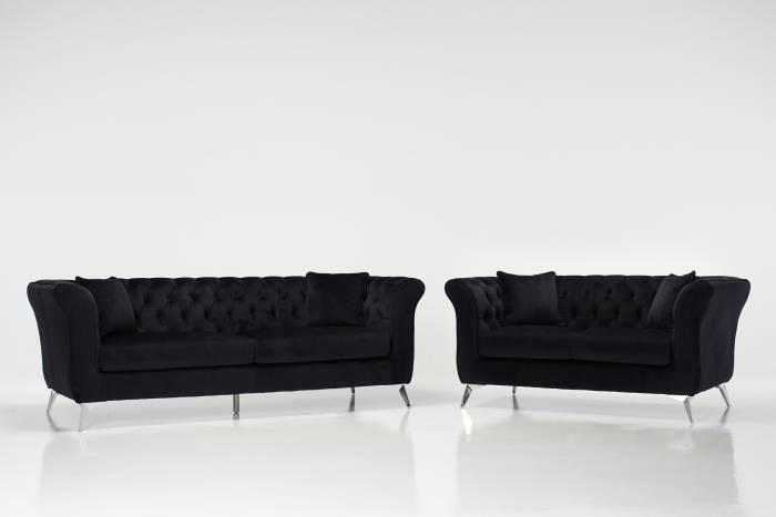 Lauren - Modern Chesterfield Sofa Set, Black Velvet with Silver Legs