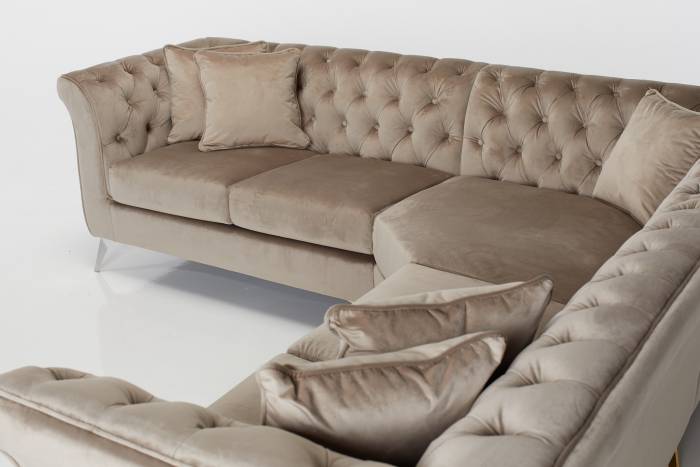 Lauren - Modern Chesterfield Corner Sofa, Mink Velvet with Silver Legs