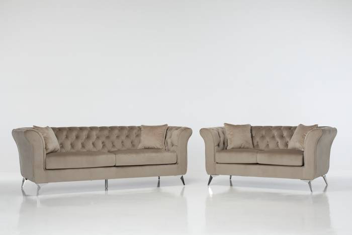 Lauren - Modern Chesterfield Sofa Set, Mink Velvet with Silver Legs