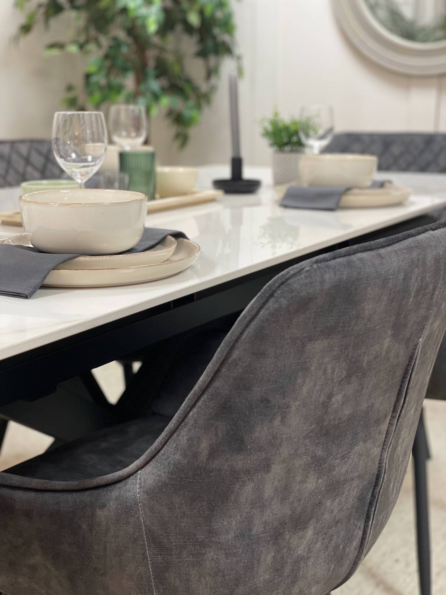 Stone Dining Table & Velvet Swivel Dining Chairs Set Close-Up