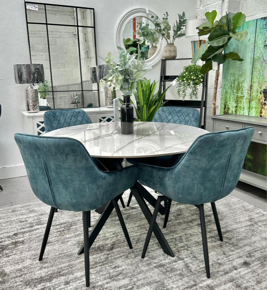Tino Stone Dining Table with Venice Velvet Swivel Dining Chairs