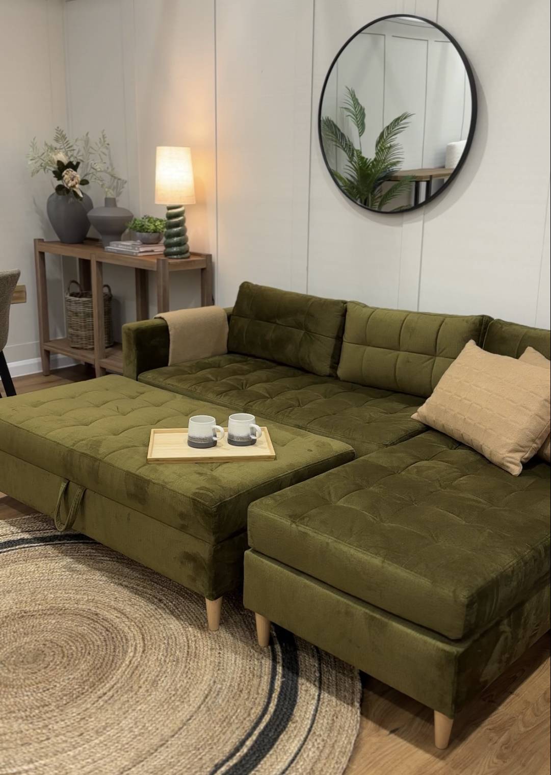 Newport Olive Green Velvet Chaise Sofa Bed with Storage Ottoman