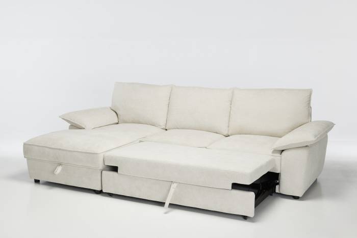 Como - Left Hand Corner Chaise Sofa Bed With Storage, Basket Weave Cream Linen