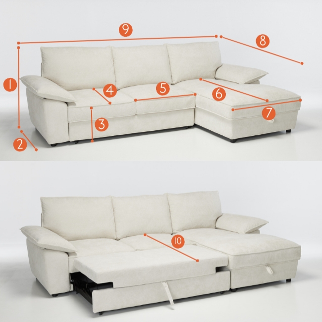 Como Right Hand Corner Chaise Sofa Bed With Storage measurements