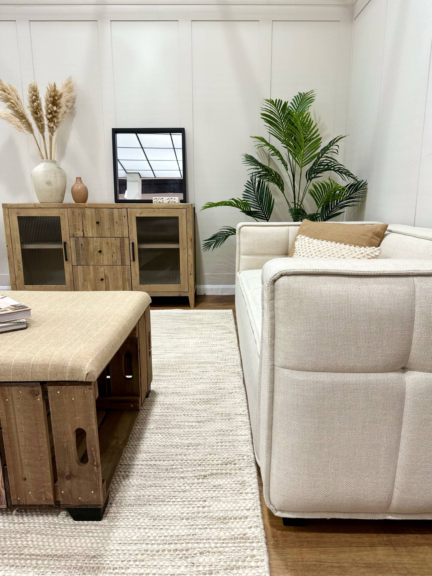 Linen sofa and coffee table in open plan living room