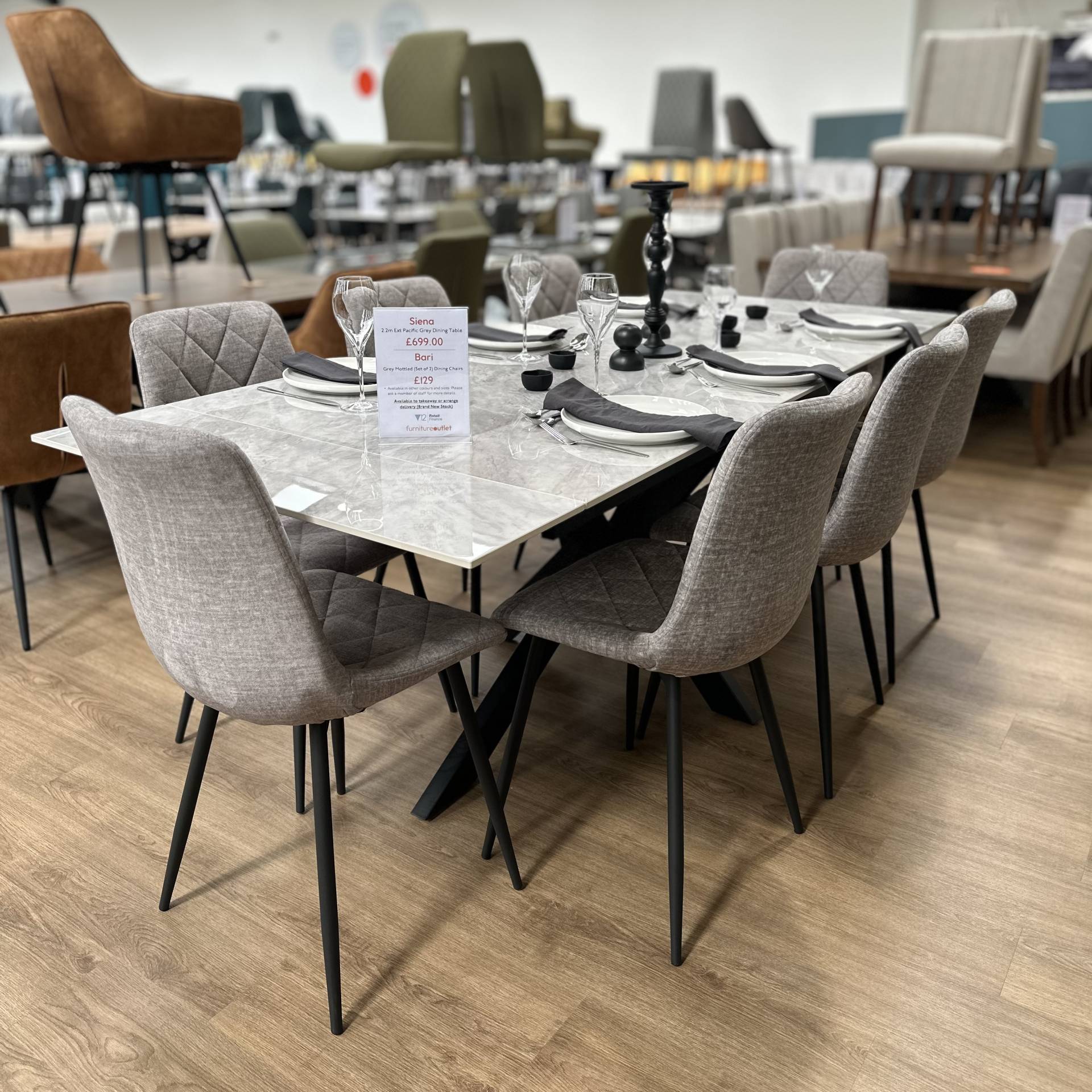 Extendable Dining Set with Stone Table and Mottled Velvet Chairs