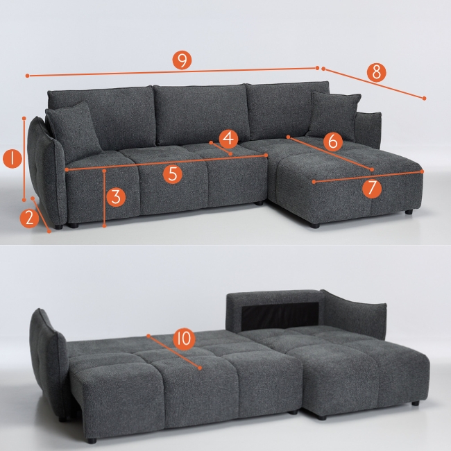 Manhattan Reversible - Right Hand Corner Chaise Sofa Bed measurements