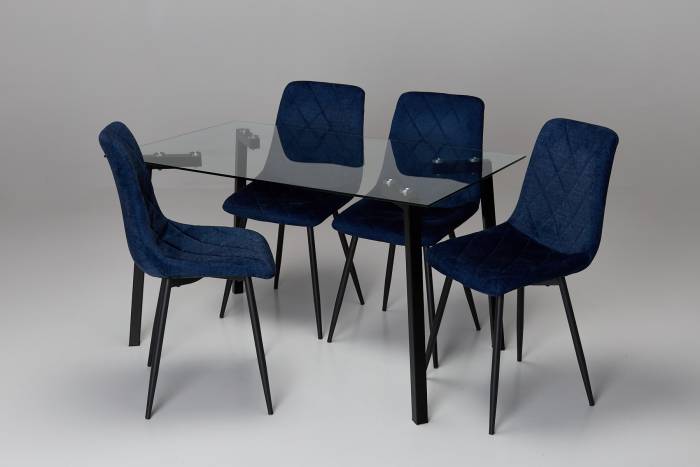 Alena & Bari Dining Set - 1.3m Glass Dining Table with 4 Blue Mottled Velvet Dining Chairs