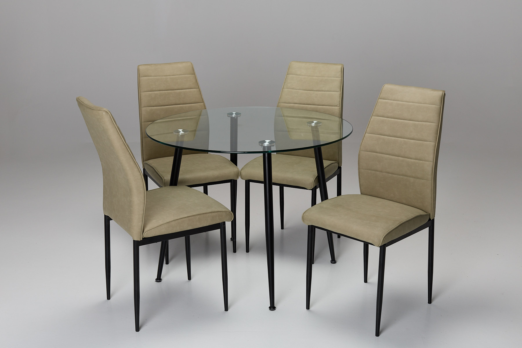 Vada & Juno 4 Seater Dining Set - 1m Glass Round Dining Table with 4 Sandstone Faux Suede Dining Chairs