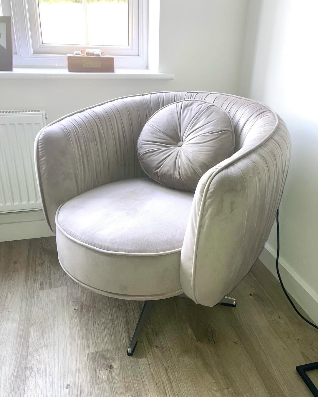 Colette grey mottled velvet swivel chair by Furniture Outlet customer ourbloorhigham