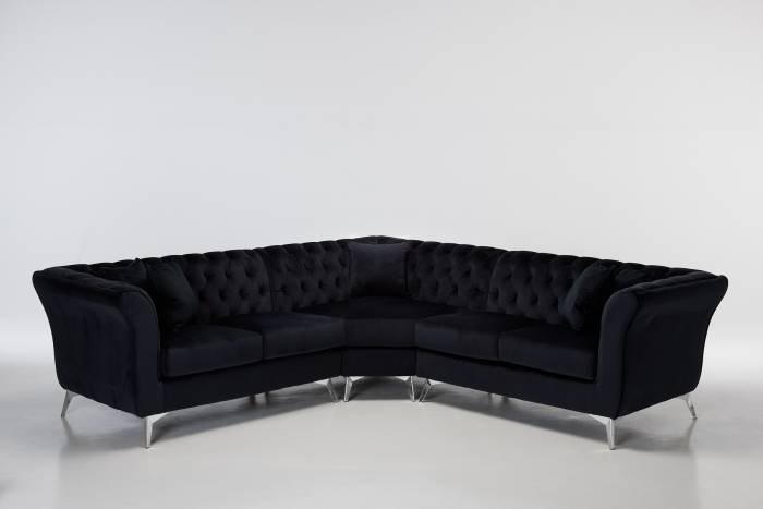 Lauren Modern Chesterfield Corner Sofa - Black Velvet with Silver Legs