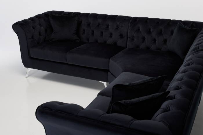 Lauren Modern Chesterfield Corner Sofa - Black Velvet with Silver Legs