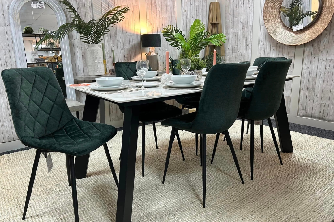 Rocco grey stone dining table with Bari green velvet chairs