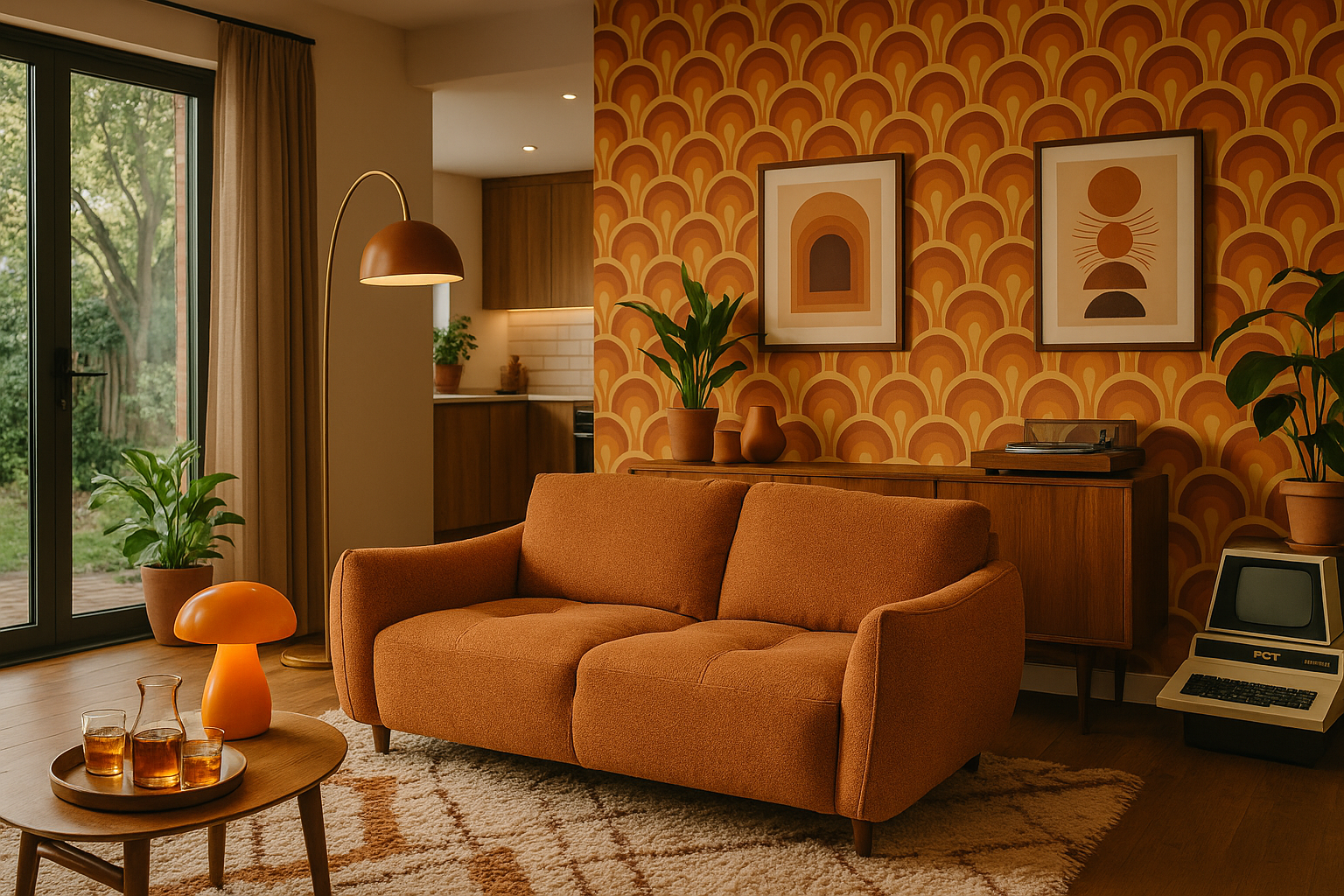 1970s revival style home mock-up with orange sofa