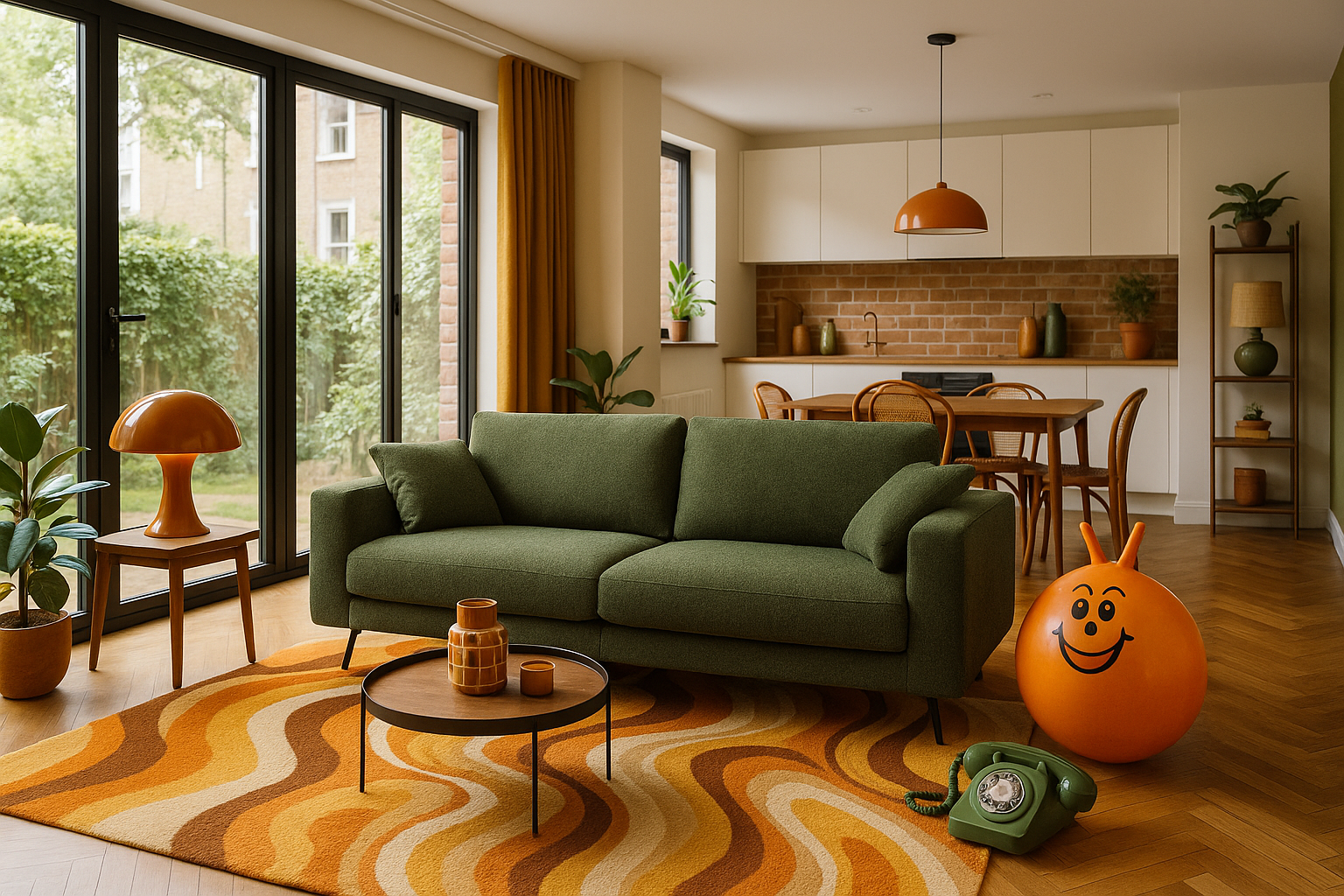 1970s revival style home mock-up with green sofa