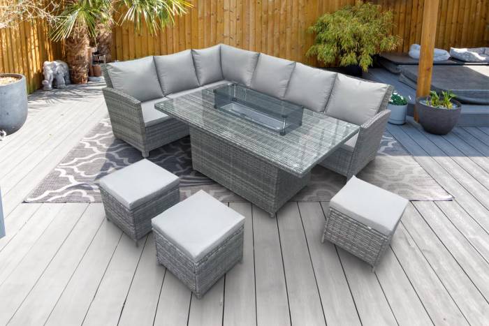 Marrakesh Dark Grey Rattan Corner Sofa Garden Set With Fire Pit Table & 3 Stools