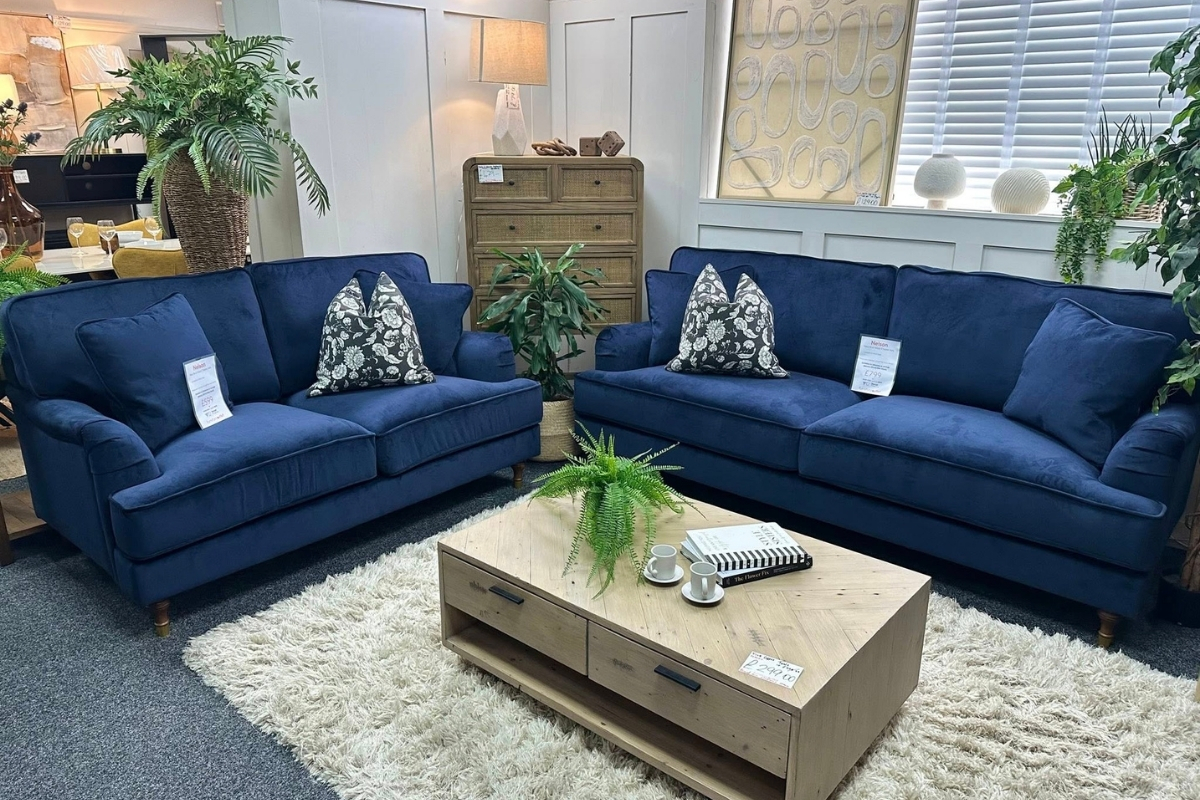 Nelson Navy Blue Velvet Sofas at Furniture Outlet