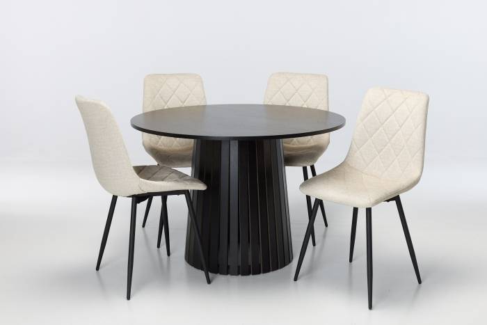 Stockholm & Bari 4 Seater Dining Set - 1.1m Black Round Dining Table with 4 Oatmeal Mottled Velvet Dining Chairs